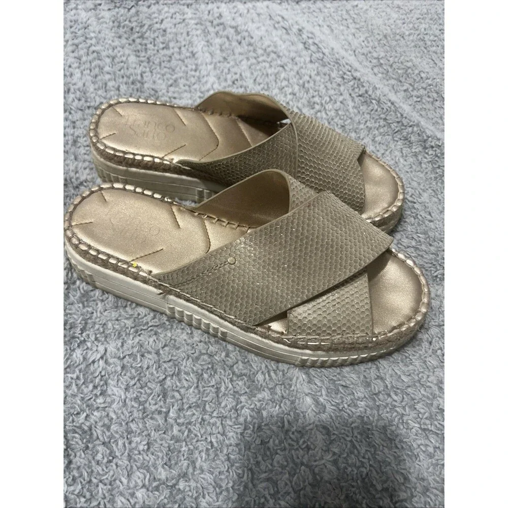 Franco Sarto platform slide on sandals 8.5 Gold Beachy Boho Classic